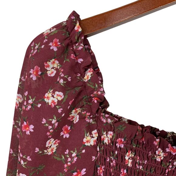 Wild Fable Blouse Cropped Smocked Long Puffy Sleeves Red Floral Boho Women's S - Picture 3 of 9